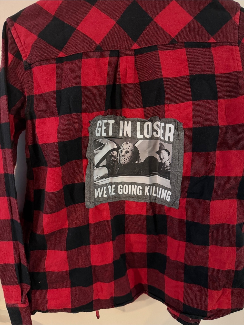 Red & Black Buffalo Plaid Button-Down Shirt with Graphic Patch